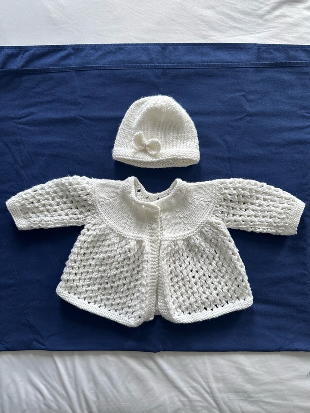 Handmade Hand Knit Baby Cardigan Sweater & Beanie Hat Set White 3-6M